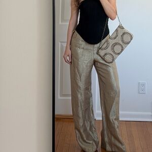 Vtg Peace of Cloth Gold Metallic USA Wide Leg Trousers Size 4 Viscose Y2K